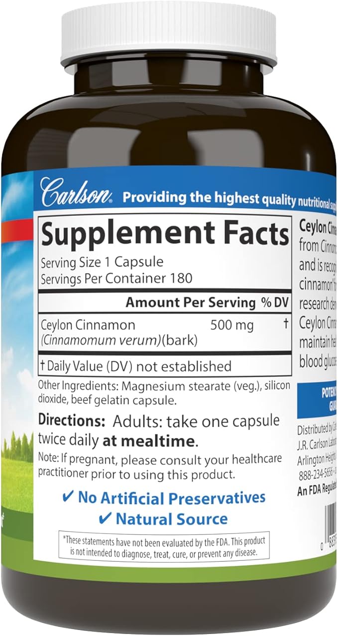 Carlson - Ceylon Cinnamon, Cinnamon Supplements, 500 mg, Cinnamon Extract Pills, Ceylon Cinnamon Capsules, 180 capsules