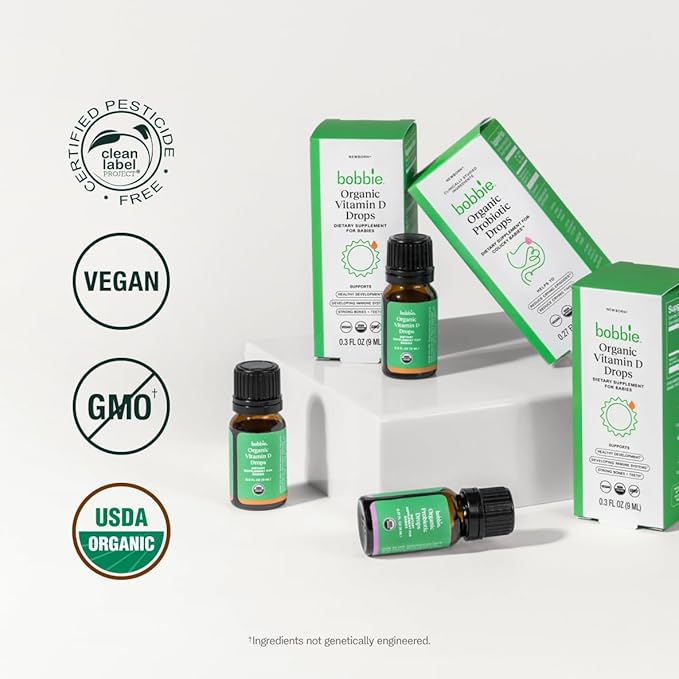 Bobbie Organic Baby Vitamin D and Probiotic Drops Bundle, Daily Liquid Supplements for Immune, Teeth, Bone and Digestive Health Support in Newborn Babies and Infants, Vegan, Infant-Friendly Formula