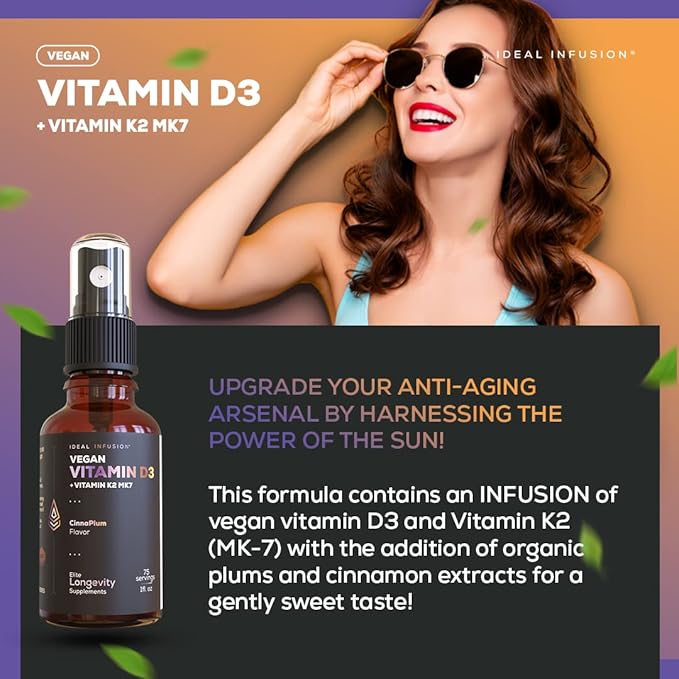 Ideal Infusion Vegan Vitamin D3 5000 iu with K2 (MK-7) Liquid Spray: Organic Plum with Cinnamon - Bone Health, Immune Support, Bone Structure (75 Servings)