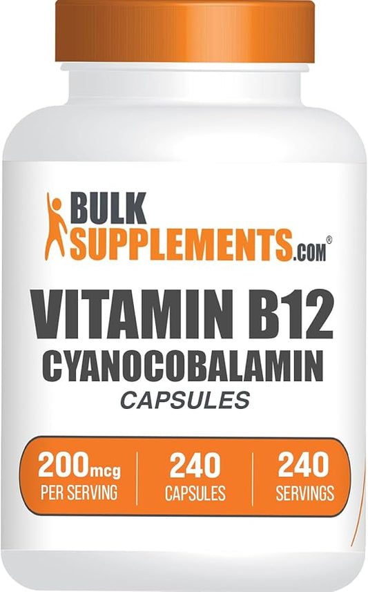 BulkSupplements.com Vitamin B12 Capsules - as Cyanocobalamin, Vitamin B Supplement, Vitamin B12 200 mcg - Energy Vitamins, Gluten Free, 1 Capsule per Serving, 240 Capsules (Pack of 1)