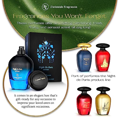 L'Orientale Fragrances Night De Paris in Motion 100ml / 3.3oz - Oil-Based Perfumes for Women & Men, Unisex Amber Vanilla Eau de Parfum w/Bergamot - Long-Lasting Up to 24 Hours, Ideal for All Seasons