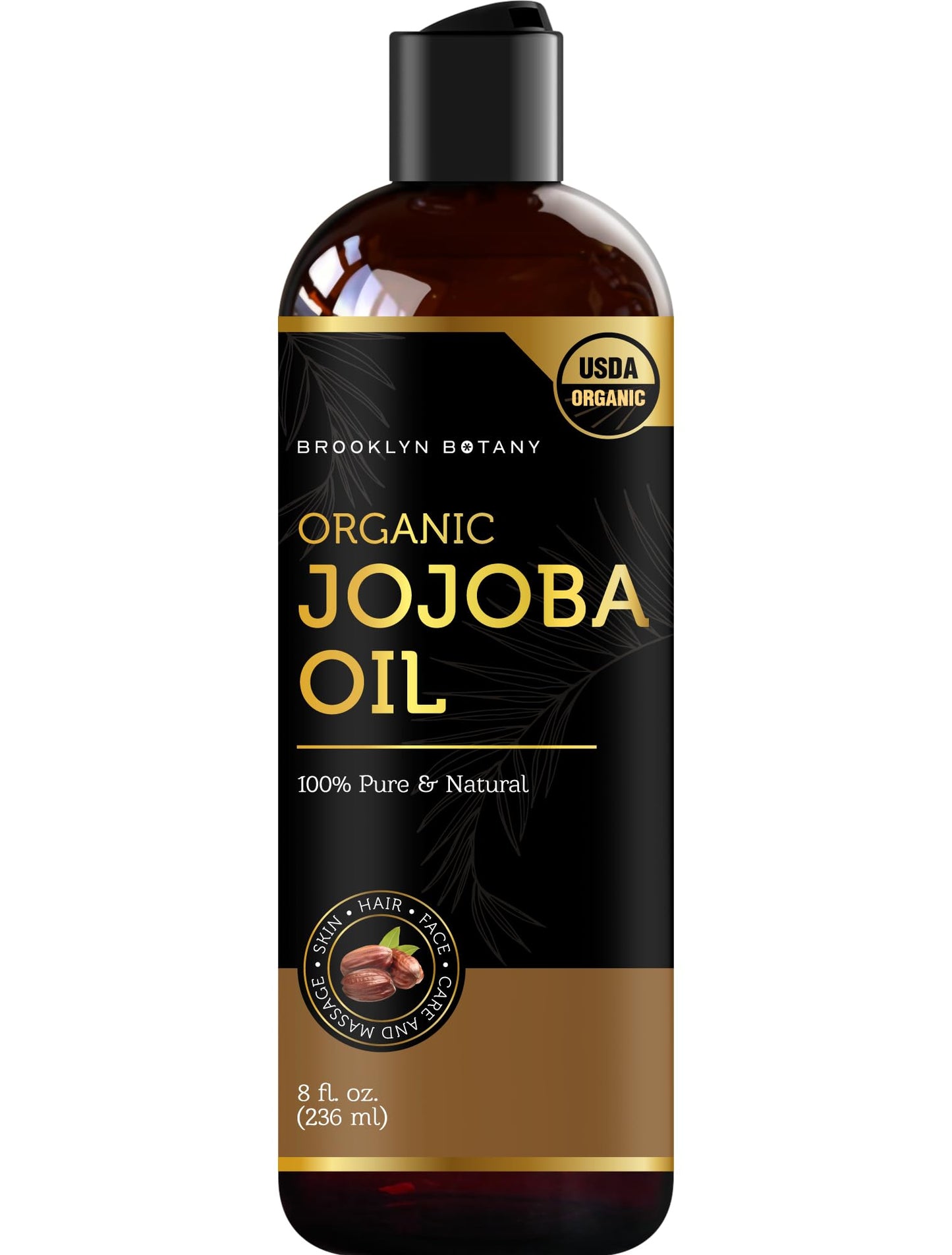 Brooklyn Botany USDA Organic Cold-Pressed Jojoba Oil for Skin, Hair and Face - 100% Pure and Natural Body Oil and Hair Oil - Carrier Oil for Essential Oils, Aromatherapy and Massage Oil - 8 fl Oz