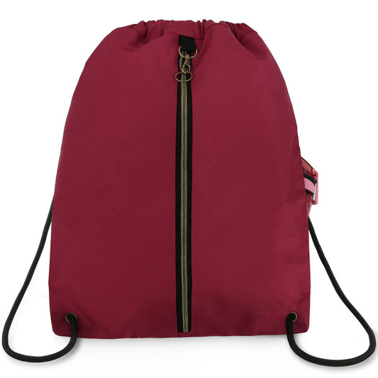 BeeGreen Maroon Drawstring Backpack with 3 Zipper Pocket and 2 Inside Pouch，19.2 "x 15" Large Sports Gym Drawstring bag Draw String Bags Pack