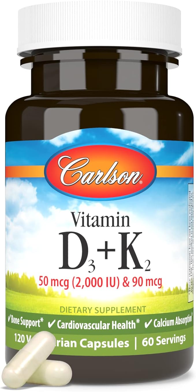 Carlson - Vitamin D3 + K2, 50 mcg (2000 IU) Vitamin D3 & 90 mcg Vitamin K2 as MK7, Bone Support, Calcium Absorption, 120 Capsules