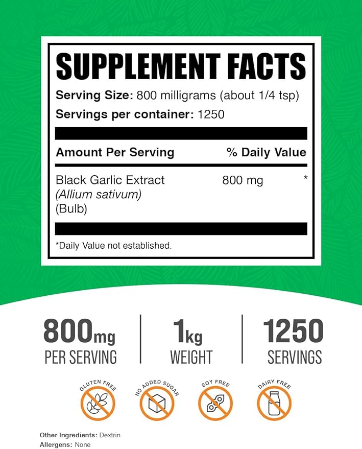 BulkSupplements.com Black Garlic Extract Powder - Aged Garlic Extract, Herbal Supplement - Vegan & Gluten Free, 800mg per Serving, 1kg (2.2 lbs) (Pack of 1)