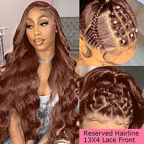 200% Density 13x4 Auburn Brown Body Wave Lace FrontWigs Chestnut Brown Colored Human HairWigs For WomenHD Transparent Lace FrontWig Human Hairwith Baby Hair 24 Inch