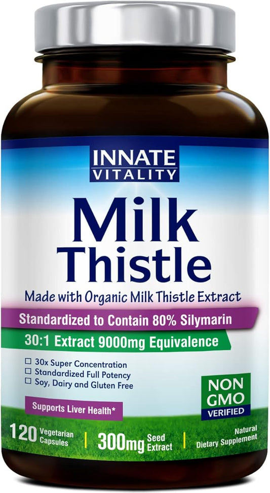 Innate Vitality 30:1 Organic Milk Thistle Supplement, 9000mg Equivalent (300mg Extract), 80% Silymarin Flavonoids, Liver Health, Detox & Cleansing, Made in USA, Non-GMO, 120 Veggie Capsules