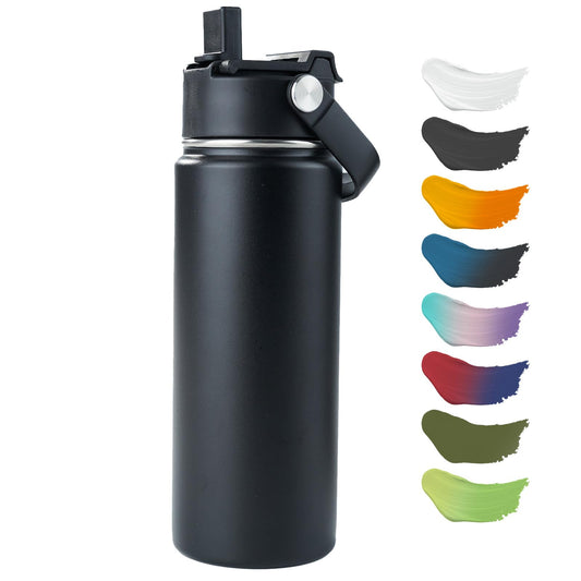 Kerilyn Stainless Steel Insulated Water Bottle, 18oz Double Wall Vacuum Insulated Water Bottle Leak Proof with Silicone Straw, Wide Mouth Lid, BPA Free, Keep Cold and Hot, 18oz, Black