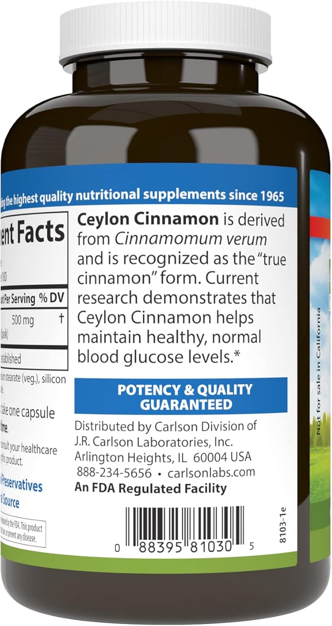 Carlson - Ceylon Cinnamon, Cinnamon Supplements, 500 mg, Cinnamon Extract Pills, Ceylon Cinnamon Capsules, 180 capsules