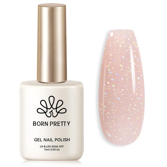 Born Pretty Jelly Gel Nail Polish Jelly Glitter Nude Pink Gel Polish Holographic Shimmer Nude Pink Natural Translucent Soak Off Hema-Free Gel Polish Nail Art DIY 15ML