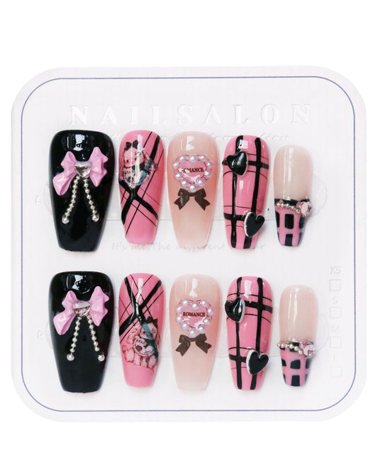 CAMILCY Press on Nails Handmade Nails Luxury Reusable Fake Nails For Girls Long Coffin Armor Pink Black Butterfly Hand Painted Salon Loveful Design Acrylic Gel UV Finished For Women 3D Nails 10PCS L