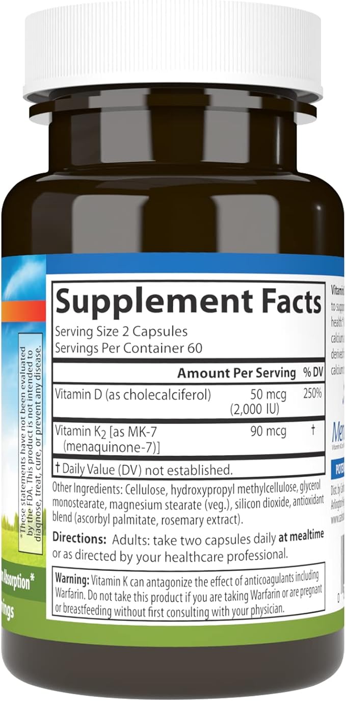 Carlson - Vitamin D3 + K2, 50 mcg (2000 IU) Vitamin D3 & 90 mcg Vitamin K2 as MK7, Bone Support, Calcium Absorption, 120 Capsules