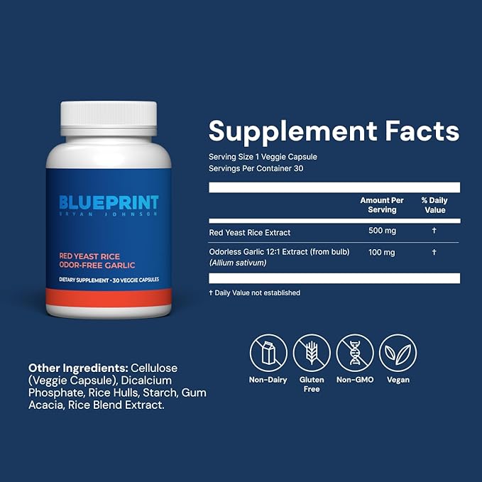 Blueprint Bryan Johnson Red Yeast Rice and Odor Free Garlic Supplement - Herbal Dietary Supplement for Women and Men - Vegan - (30 Servings)