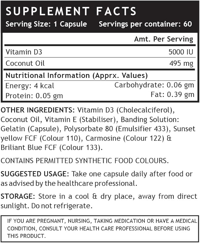 Cholecalciferol Vitamin D3 5000 IU with Coconut Oil for Back Pain Relief, Increased Energy Production, Immune Function, Heart Health, Joints & Muscle Building | Vegan GMP Tested - (60 Count)