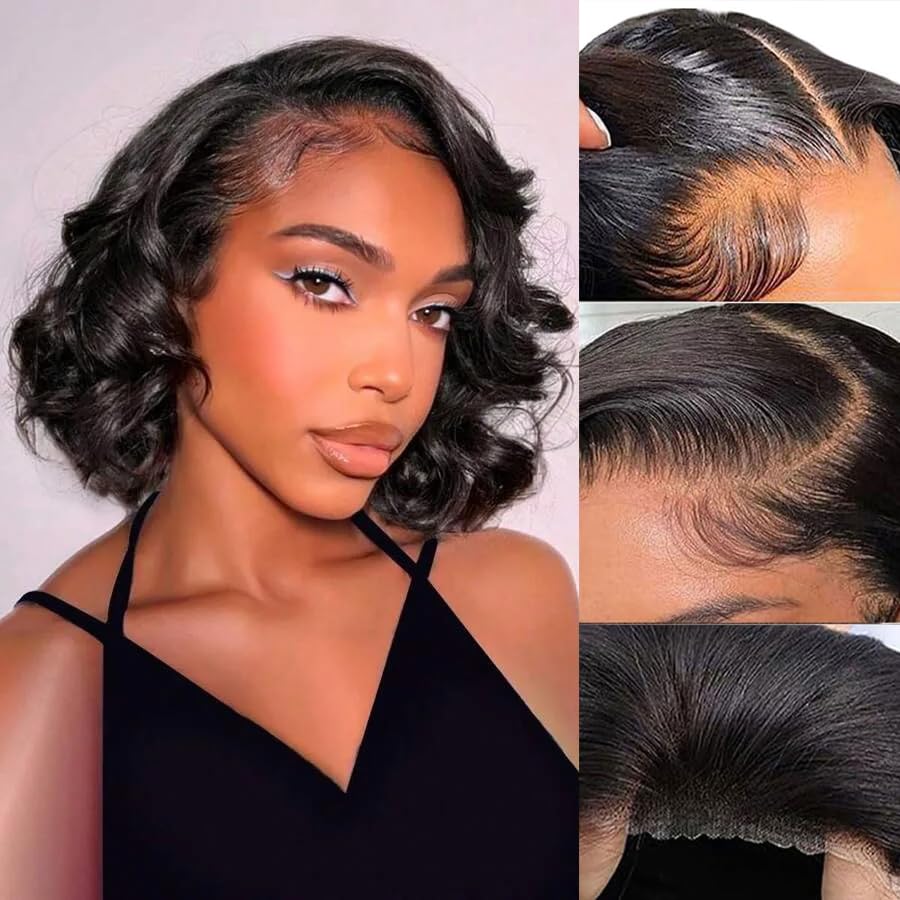 Caijuxing Wear and Go Bob Wig Human Hair 200% Density Short Bob Glueless Wig Human Hair Pre Plucked Pre Cut 4x4 HD Lace Front Wigs for Black Women Natural Color (10 Inch)