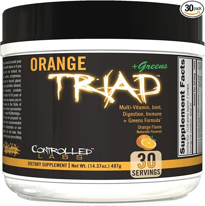CONTROLLED LABS Orange Triad Plus Greens for Men and Women, 30 Servings Iron Free Sports Supplement for Overall Health, Multivitamin, Digestion, Immune System, and Joint Health
