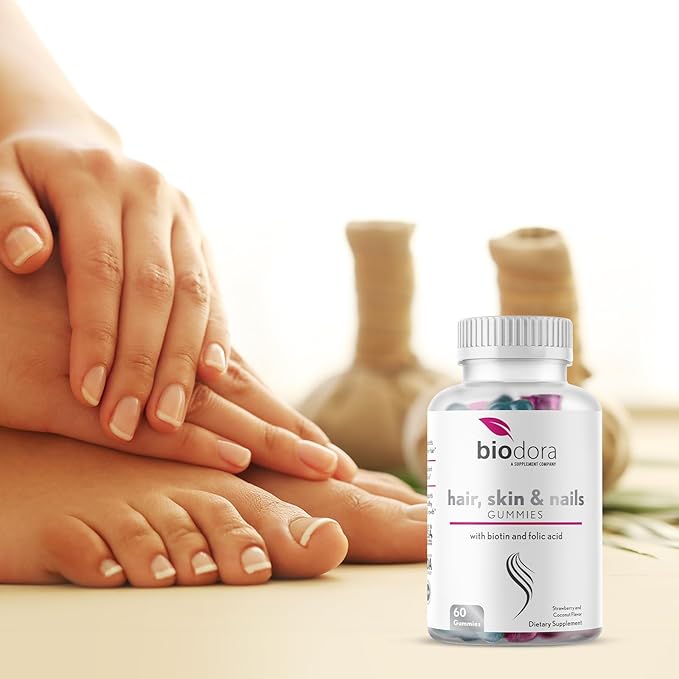 Hair Skin and Nails Gummies, Extra Strength Biotin Gummies with Folic Acid, Inositol and Vitamins, PCOS Symptom Relief & Hormone Balance, Sugar-Free Strawberry & Coconut Flavor, 60 Gummies