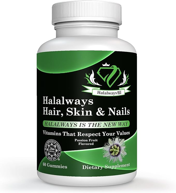 Halalways Hair, Skin & Nails Gummy Certified Halal Supplement Optimal Solutions Hair, Skin and Nails Gummies with Biotin 6000 mcg, Folate,Passion Flavored