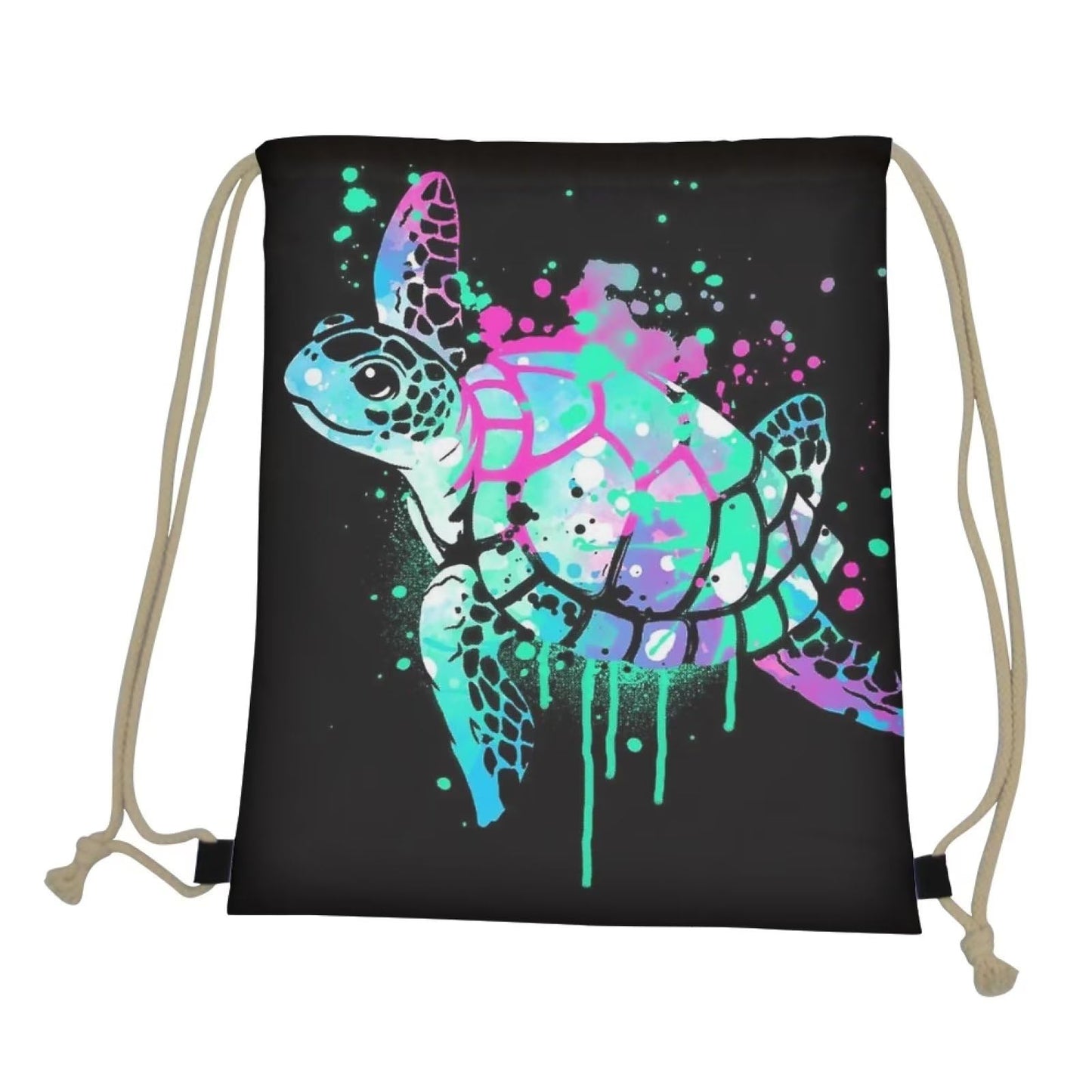 COEQINE Neon Sea Turtle Print Women Men Drawstring Bag Chrsitmas Casual Backpack Sport Gym Sackpack for Girls Boys Black Stain Resistant