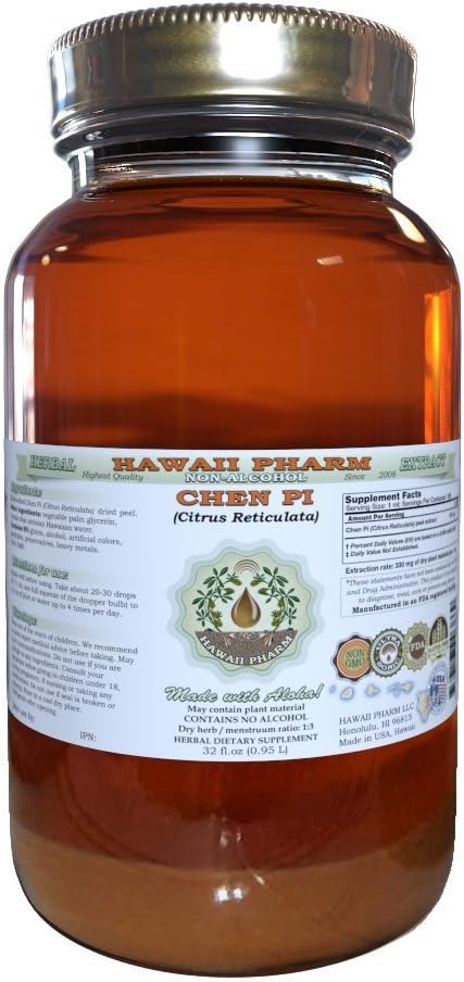 Chen Pi Alcohol-Free Liquid Extract, Chen Pi, Tangerine (Citrus Reticulata) Peel Glycerite Hawaii Pharm Natural Herbal Supplement 32 oz Unfiltered