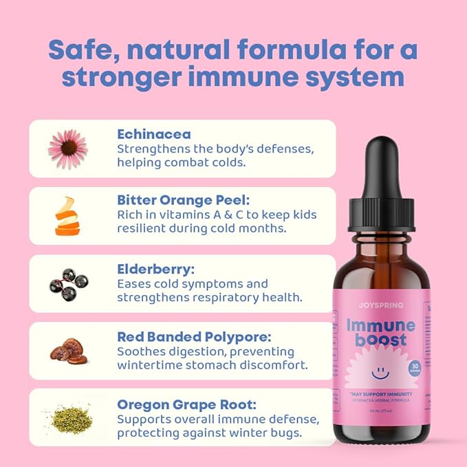 JoySpring Immune Drops - Kids Immune Support Liquid Supplement (2 fl oz) - Echinacea, Elderberry, Oregon Grape Root, Orange Peel, Vitamins A, B6, C - Natural Support System for Children & Adults