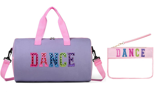 Dance Duffle Bag for Girls, Kids Toy Storage Bag,Weekend Bag,Overnight Bag,Gymnastics bag 17"Lx9"Wx9"H (Light purple set-clear letter bag)