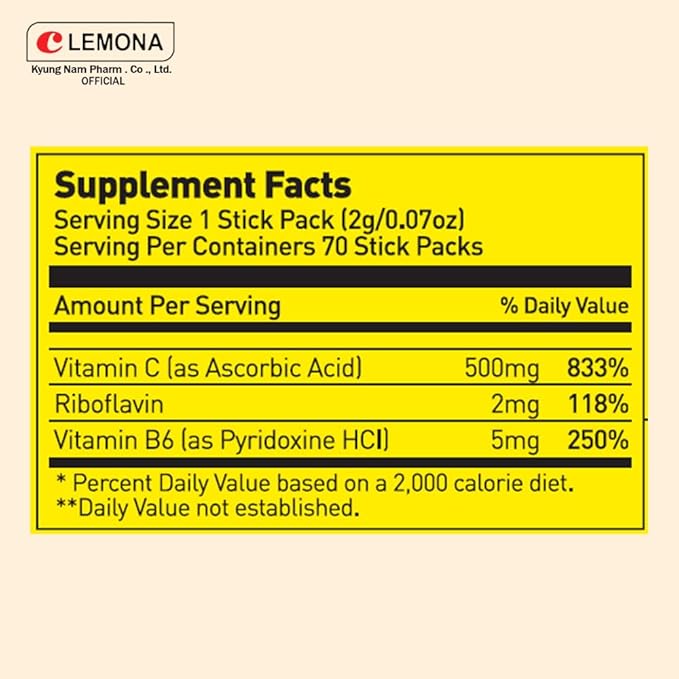 LEMONA Official Vitamin C 500mg, 70 Sticks Immune Support Supplement On-The-Go Vitamin C Individual Packets B6, B2, Easy to Take Daily Energy Boost Korean Food Snack Lemon (70 * 2g)