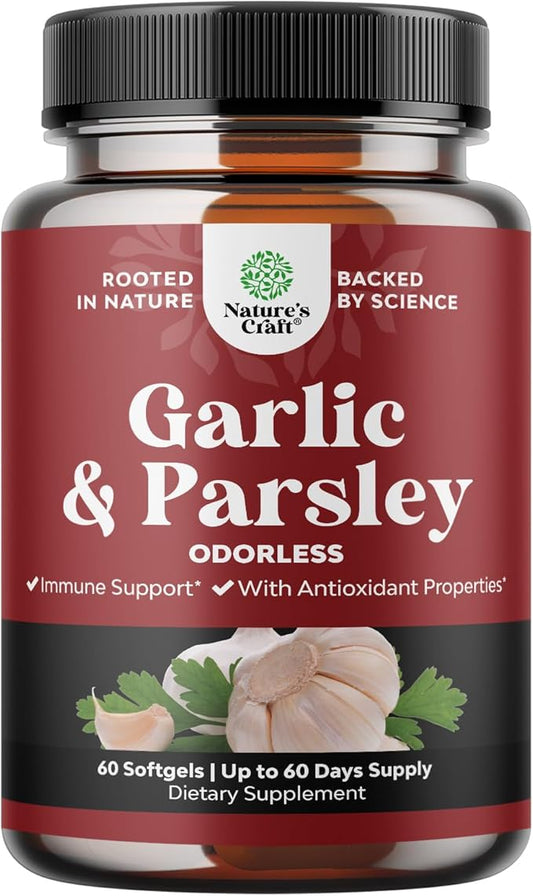 Concentrated Odorless Garlic Softgels - Parsley Extract & Aged Garlic Supplements - Parsley Softgels for Gut Support - 60 Ct