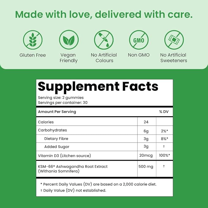 KSM-66 Ashwagandha & Vitamin D Gummy - 60 Count - Mixed Berry, KSM-66, Vegan, Plant Based, Non-GMO, Gluten-Free & Gelatin Free, for a Happier You, Pack of 1