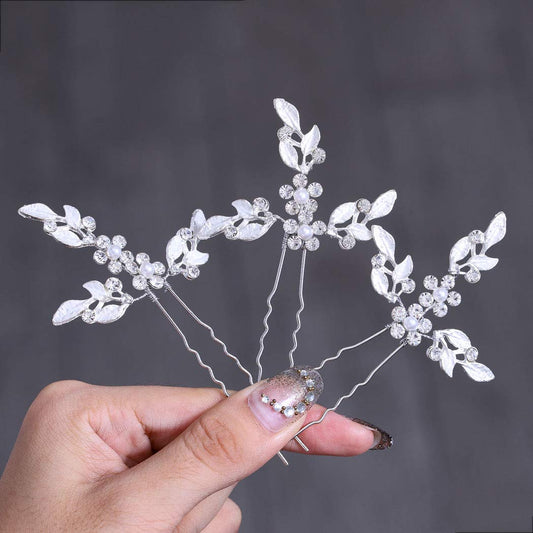 Heread Leaf Bride Wedding Hair Pins Crystal Bridal Head Dress Pearl Hair Accessories for Women and Girls (Pack of 3) (B Silver)