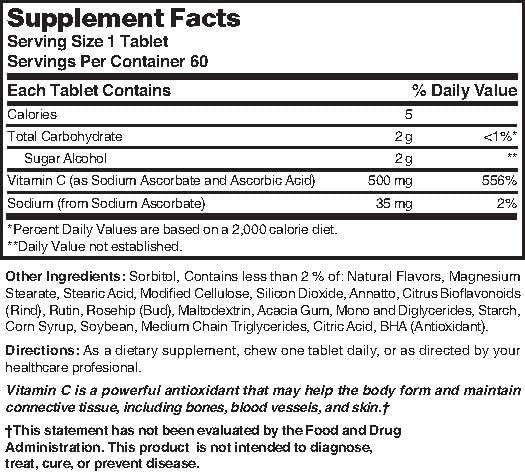 Chewable Vitamin C. Great tasting low sugar essential vitamin, does not promote tooth decay. 500mg, 60 Tablets.