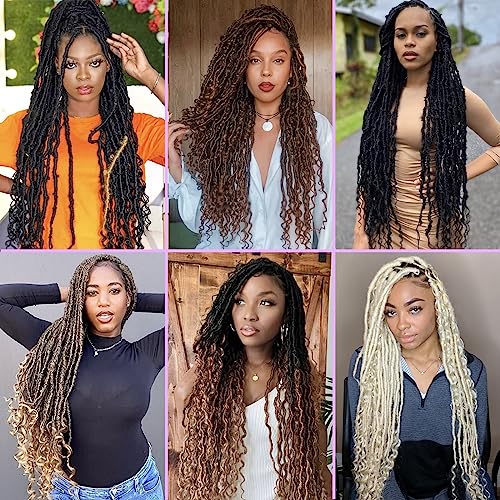 Leeven 7 Packs Faux Locs With Curly Ends 18 Inch Pre-looped Goddess Locs Crochet Hair 84 Strands Natural Black Crochet Bohemian Soft Locs Braiding Hair Extensions With Curls for Women 1B#
