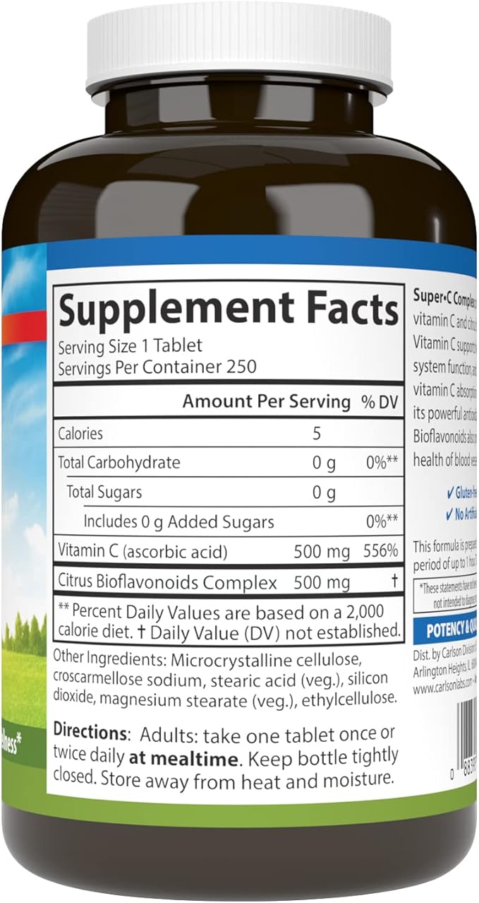 Carlson - Super-C Complex, Vitamin C + Bioflavonoids, Immune Function & Optimal Wellness, Antioxidant, 250 Vegetarian Tablets