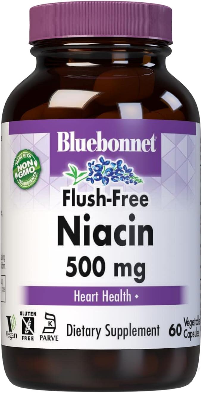 Bluebonnet Nutrition Flush-Free Niacin 500mg, for Nutritional Cardiovascular Support*, Soy-Free, Gluten-Free, Non-GMO, Kosher Certified, Dairy-Free, Vegan, 60 Vegetable Capsules, 60 Servings