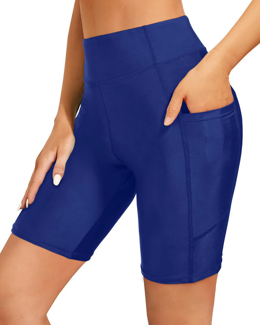 Holipick Royal Blue Women High Waisted Swim Shorts Tummy Control Biker Shorts with Pockets Boyshort Swim Bottoms L