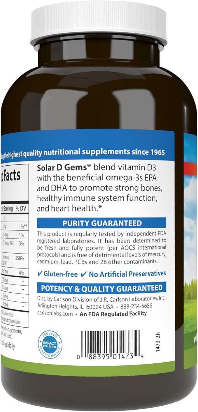 Carlson - Solar D Gems, Vitamin D3 and Omega-3 Supplement, 2000 IU (50 mcg) Vitamin D3, 115 mg Omega-3s EPA and DHA Supplement, Wild Caught, Sustainably Sourced, Lemon, 360 Softgels