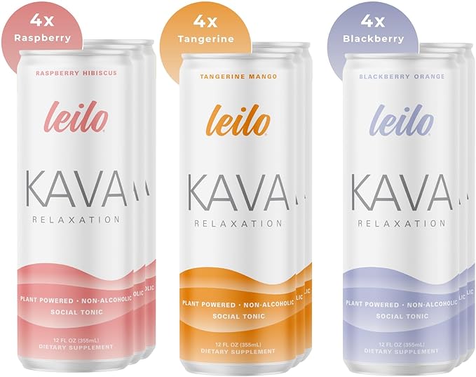 LEILO | Kava Powered Sparkling Relaxation Drink | Classic Variety-Pack – Includes: Raspberry Hibiscus, Tangerine Mango, BlackBerry Orange | 12 fl oz Cans (Pack of 12)