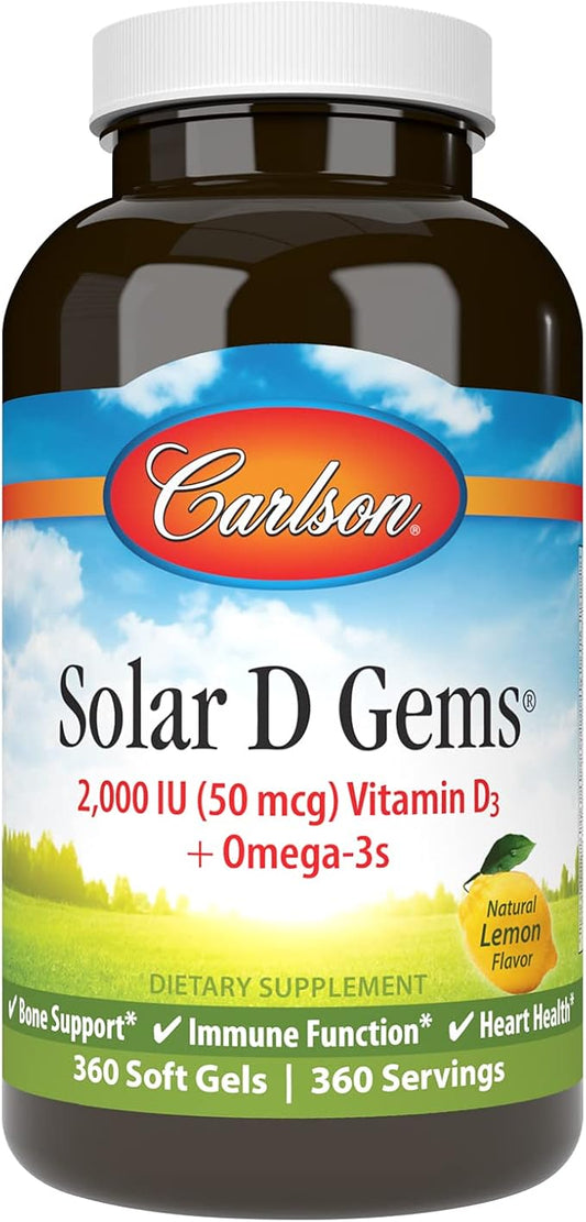 Carlson - Solar D Gems, Vitamin D3 and Omega-3 Supplement, 2000 IU (50 mcg) Vitamin D3, 115 mg Omega-3s EPA and DHA Supplement, Wild Caught, Sustainably Sourced, Lemon, 360 Softgels