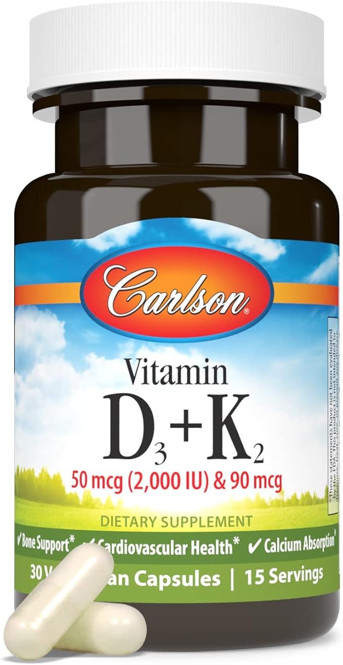 Carlson - Vitamin D3 + K2, 50 mcg (2000 IU) Vitamin D3 & 90 mcg Vitamin K2 as MK7, Bone Support, Calcium Absorption, 30 Capsules
