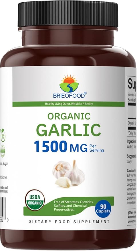 Brieofood Organic Garlic 1500mg, 45 Servings, Vegetarian, Gluten Free, 90 Vegetarian Tablets