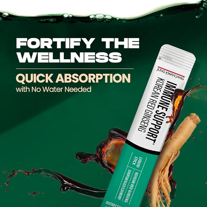 JungKwanJang Korean Red Panax Ginseng (800mg) and Elderberry (469mg) Immune Support Everytime Extract Sticks, Antioxidant Supplement for Immunity and Daily Wellness, 10 Count