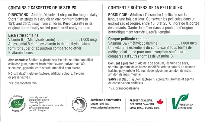 Jamieson Vitamin B12 1,000 mcg Fast Dissolving Strips, 30 Strips