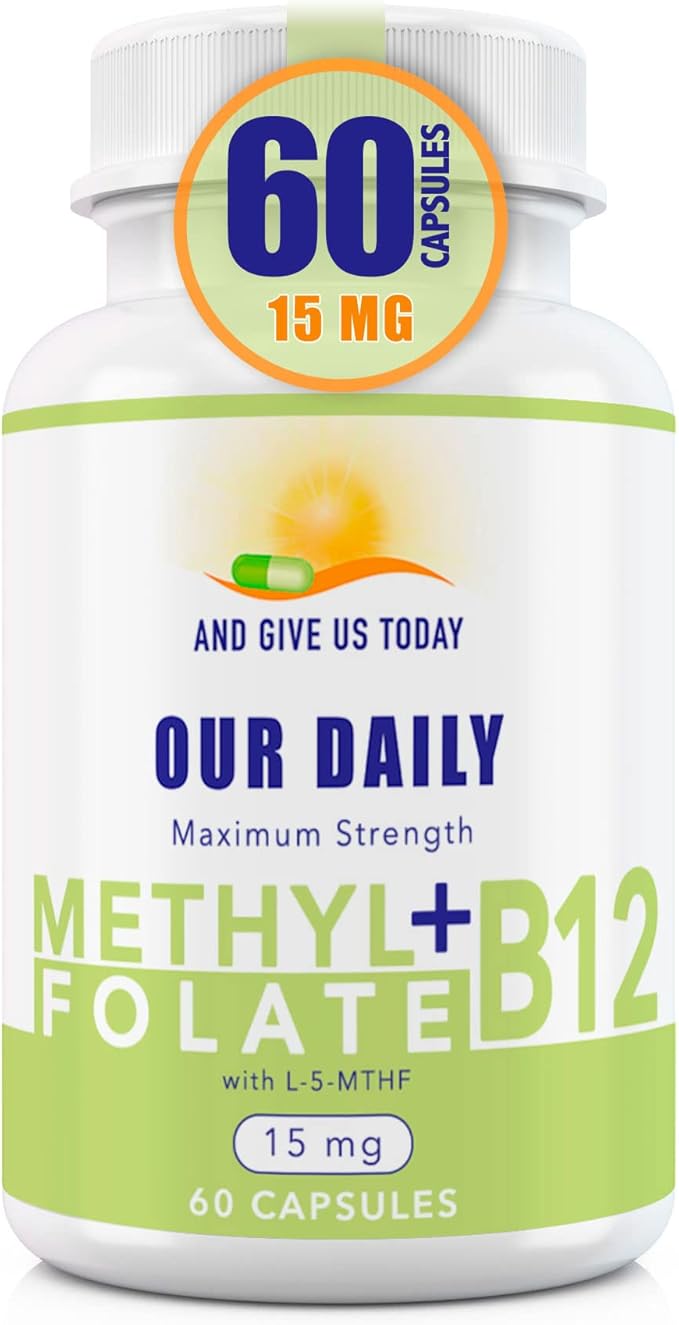 L-Methylfolate 15 mg + B 12 (1000 mcg) - 60 Capsules - Methylated & Glycine - Boost Mood, Energy & Memory - Immune Support & Vitamin Supplement for Men & Women - Non-GMO, Vegetarian Capsules