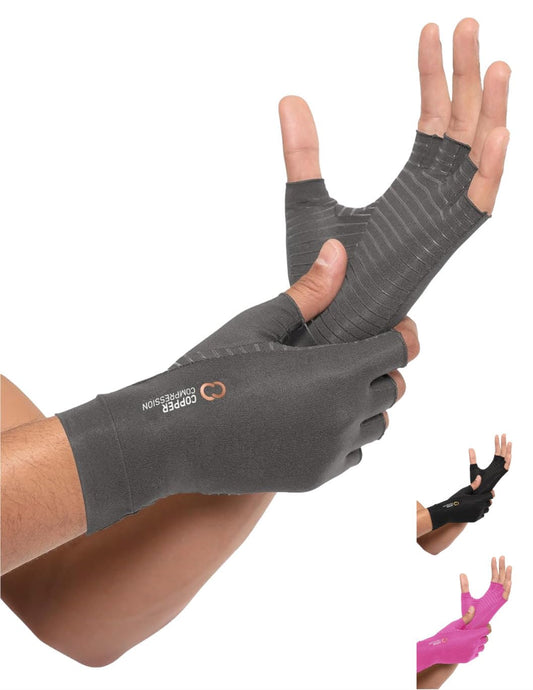 Copper Compression Arthritis Gloves | Fingerless Arthritis Carpal Tunnel Pain Relief Gloves For Men & Women | Hand Support Wrist Brace For Rheumatoid, Tendonitis, Swelling, Crocheting - Grey XS