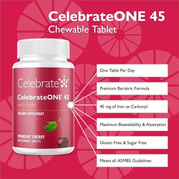 Celebrate Vitamins CelebrateONE 45 Chewables, 45mg Iron - One A Day Bariatric Multivitamin, Essential Vitamins & Minerals - Gastric Bypass & Sleeve Gastrectomy Supplement - Cherry (30 Tablets)