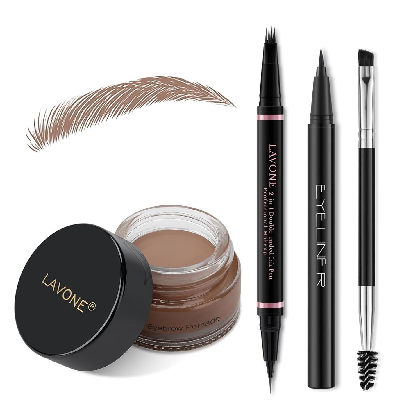 LAVONE Eyebrow Pencil Makeup Kit, with Waterproof 2-IN-1 Microblading Eyebrow Pen, Eyebrow Pomade, Eyeliner and Dual-ended Eyebrow Brush, Brow Pencil Kit for Natural Eyebrows - Ash Brown