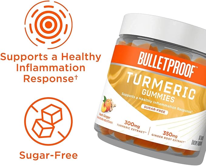Bulletproof Vitamins A+D+K, 60 Sugar-Free Gummies, Strawberry Orange Flavor |Turmeric Sugar-Free Gummies, 60 Count, Peach Ginger