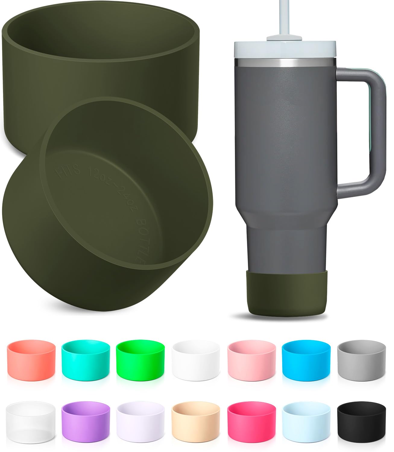 KTKUDY 2Pcs Silicone Boot for Stanley Quencher Tumbler H2.0 30 oz 40 oz & IceFlow 20 oz 30 oz & Intended for Hydro Flask Water Bottle 12-24 oz - Cup Bottom Accessories Fits Stanley Cup, Olive Green