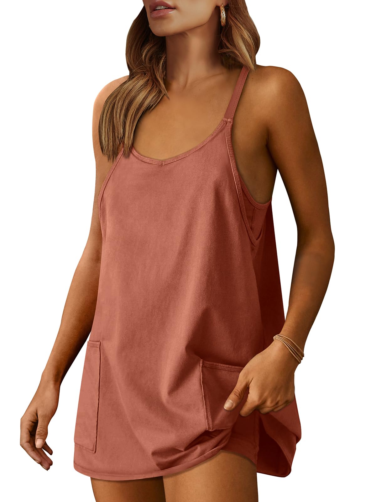 ANRABESS Women Summer Mini Romper Dress Workout Tennis Active Sports Athleisure Outfits Built in Shorts Trendy Vacation Rust X-Smal