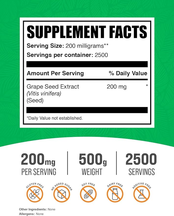 BulkSupplements.com Grape Seed Extract Powder - Grape Seed Extract Supplement, Antioxidant Source - Herbal Supplement, Gluten Free, 200mg per Serving, 500g (1.1 lbs) (Pack of 1)